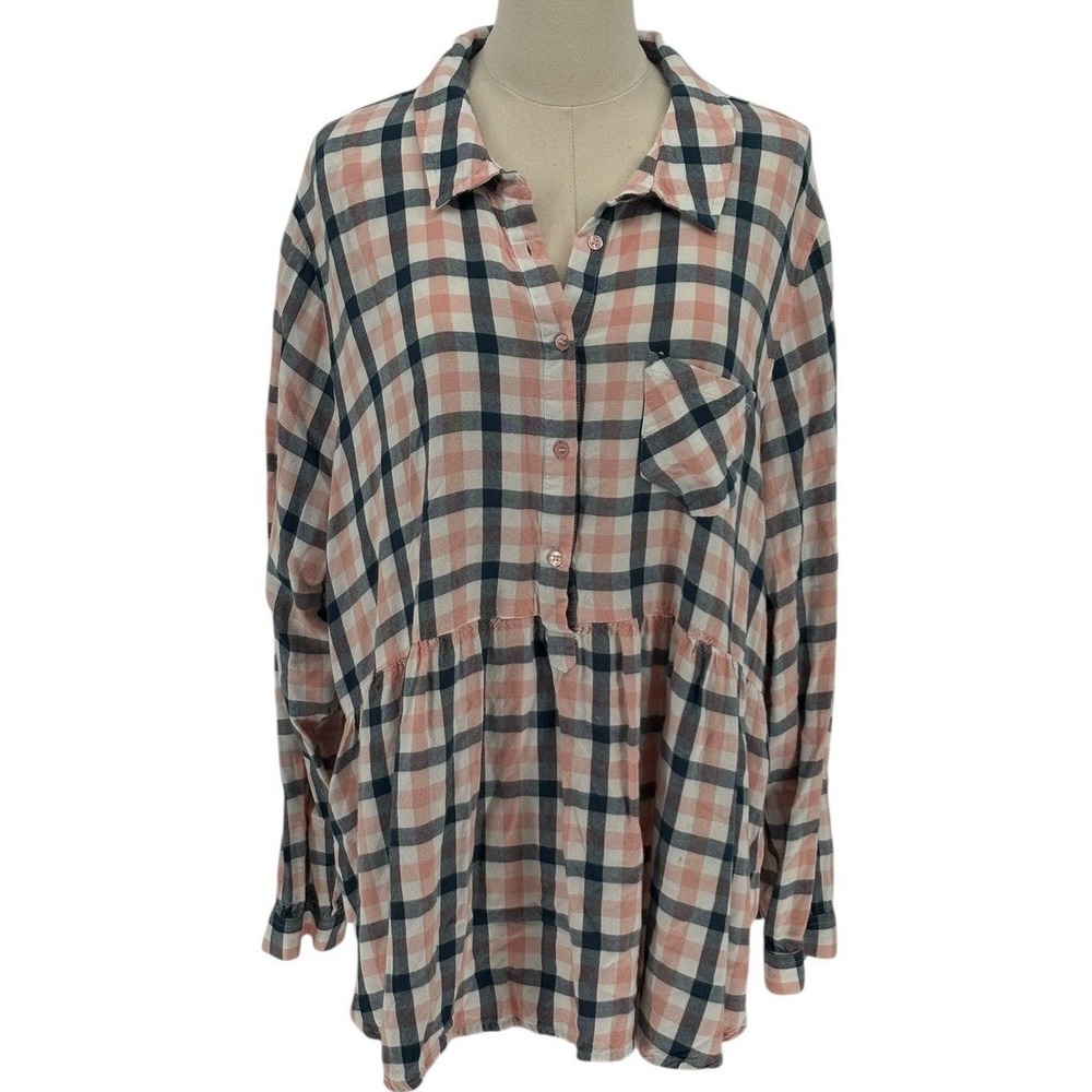 Falls Creek Womens 2X Plaid Button Up Long Sleeve Shirt Top Pink Blue